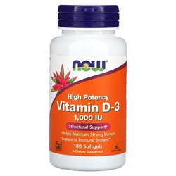 NOW Foods Vitamin D-3, High Potency, 1,000 IU, 180 Softgels