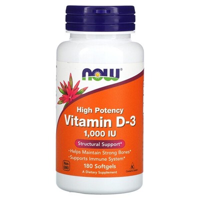 NOW Foods Vitamin D-3, High Potency, 1,000 IU, 180 Softgels