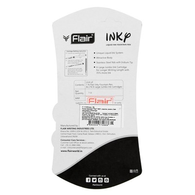 Ручка перьевая Flair Inky + 2 штуки запасных картриджей, МИКС, в блистере