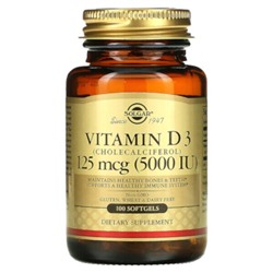 Solgar Vitamin D3 (Cholecalciferol), 125 mcg (5,000 IU), 100 Softgels