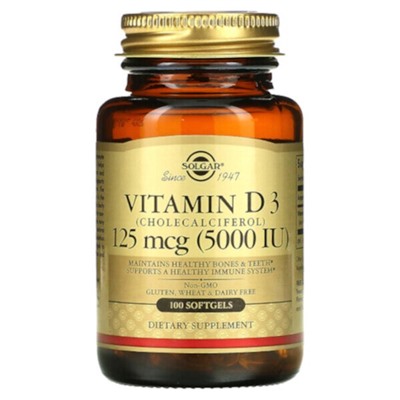 Solgar Vitamin D3 (Cholecalciferol), 125 mcg (5,000 IU), 100 Softgels
