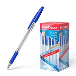 Ручка шариковая ErichKrause R-301 Classic Stick & Grip, узел 1,0 мм, синяя, с резиновым держателем, мягкое и комфортное письмо