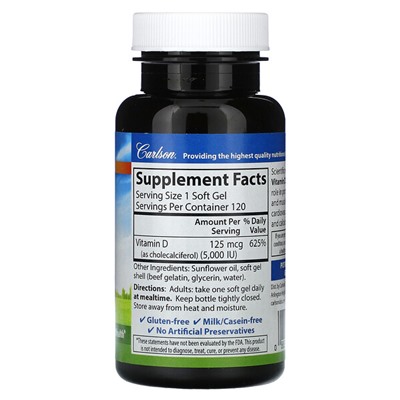 Carlson Vitamin D3, 125 mg (5,000 IU), 120 Soft Gels