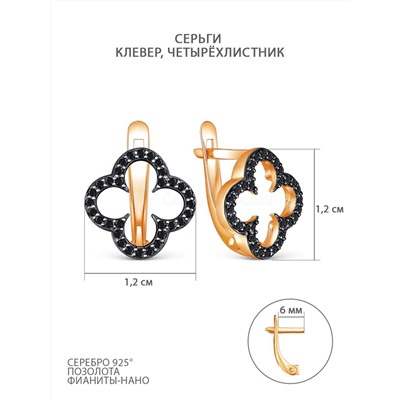 Серьги из золочёного серебра с чёрными фианитами-нано и тёмным родированием