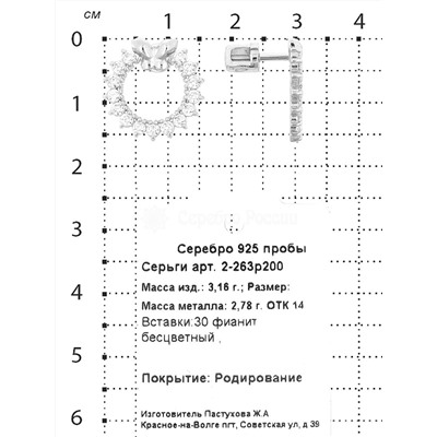 Серьги-пусеты из серебра с фианитами родированные