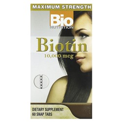 Bio Nutrition Biotin, Maximum Strength, 10,000 mcg, 60 Snap Tabs