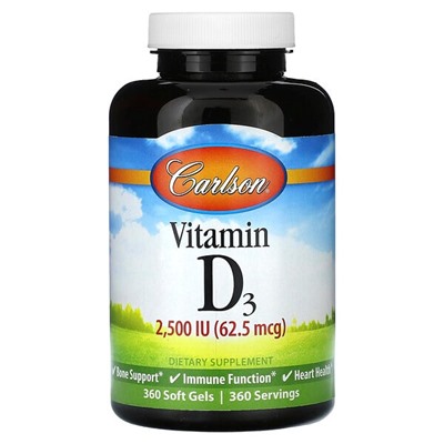 Carlson Vitamin D3, 62.5 mcg (2,500 IU), 360 Soft Gels