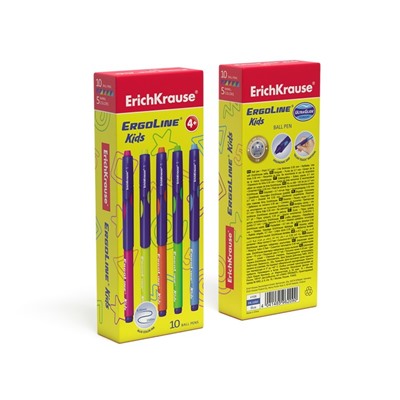 Ручка шариковая ErichKrause ErgoLine Kids Ultra Glide, первоклассника, эргономичный держатель, корпус Soft-touch, узел 0.7 мм, чернила синие, микс