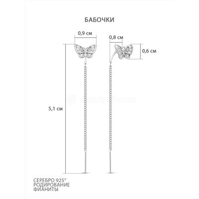 Серьги-продёвки из серебра с фианитами родированные - Бабочки