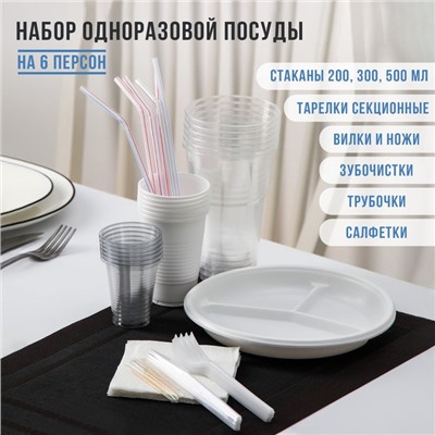 Набор пластиковой одноразовой посуды на 6 персон «Биг-Пак №2», тарелки секционные, стаканчики: 100 мл, 200 мл, 500 мл, вилки, ножи, трубочки, бумажные салфетки, зубочистки, цвет белый