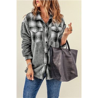 Gray Plaid Patchwork Buttoned Pocket Sherpa Jacket