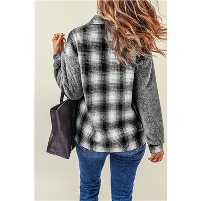 Gray Plaid Patchwork Buttoned Pocket Sherpa Jacket