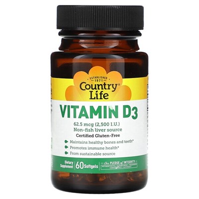 Country Life Vitamin D3, 62.5 mcg (2,500 IU), 60 Softgels