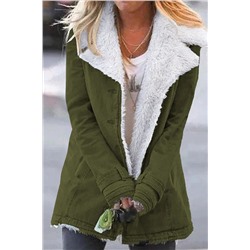Green Gray Lapel Collar Button Fleece Jacket