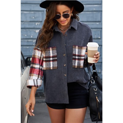 Red Plaid Patchwork Corduroy Buttoned Shirt Jacket