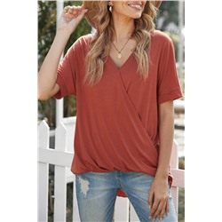 Red Short Sleeves Drape Knit Top