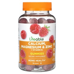 Lifeable Calcium, Magnesium & Zinc + Vitamin D3 Gummies, Natural Raspberry, 90 Gummies