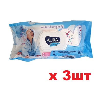 Aura Влажные салфетки 120шт Ultra comfort для детей с алоэ с клапаном 3шт