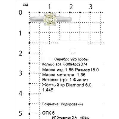 Кольцо из серебра с фианитом родированное