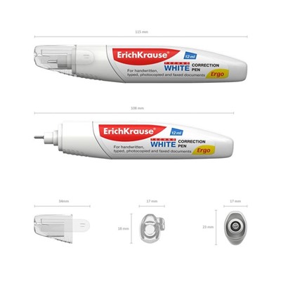 Ручка-корректор 12 мл, ErichKrause Techno White Ergo, с металлическим наконечником, экономичный расход