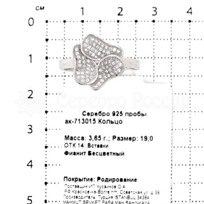 Кольцо из серебра с фианитами родированное