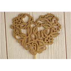 Топпер деревянный Love в сердце из цветов (11.2*30) Золото 153681