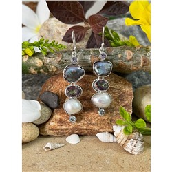 Серебряные серьги с Жемчугом Бива и другими камнями, 15.40 г; Silver earrings with multi stones, 15.40 g