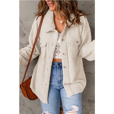 White Flap Pockets Button Front Teddy Coat