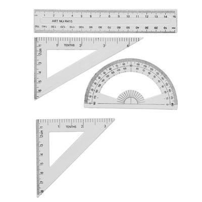 Набор чертежный 4 предмета (линейка 15 см, треугольник11 см/ 30*и 5 см/ 45*, транспортир) прозрачный