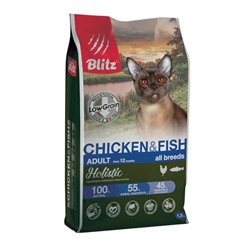 БЛИЦ Holistic корм ADULT CAT CHICKEN & FISH низкозерновой для кошек Курица&Рыба 1,5 кг АГ
