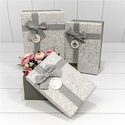 Набор подарочных коробок 3 в 1 прямоугольник 26*18*12 см С бантом серый 447074