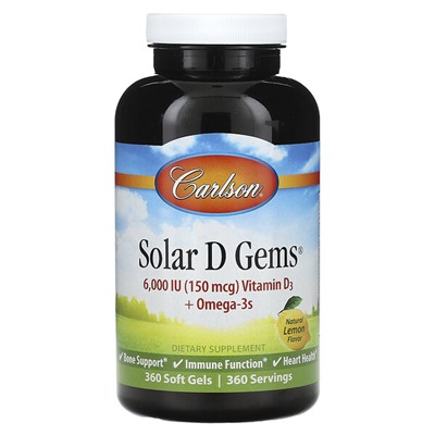 Carlson Solar D Gems, Natural Lemon, 360 Soft Gels