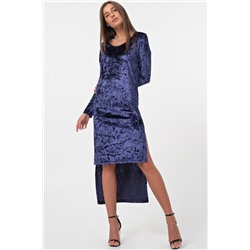 Платье нарядное бархатное с разрезами по бокам темно-синее