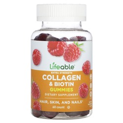 Lifeable Extra Strength Collagen & Biotin Gummies, Natural Raspberry, 60 Gummies