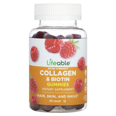 Lifeable Extra Strength Collagen & Biotin Gummies, Natural Raspberry, 60 Gummies