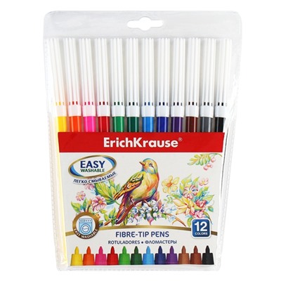 Фломастеры 12 цветов ErichKrause Easy Washable, 1-2 мм, европодвес, ультраяркие цвета