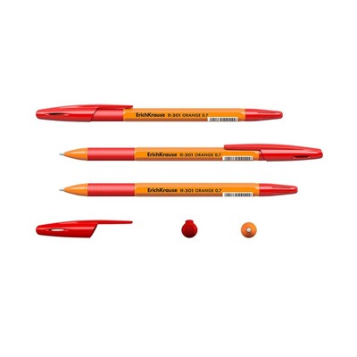 Ручка шариковая Erich Krause R-301 Orange Stick & Grip, узел 0.7 мм, чернила красные, резиновый упор, длина линии письма 1000 метров