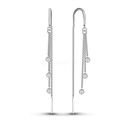 Серьги-продёвки из родированного серебра с фианитами