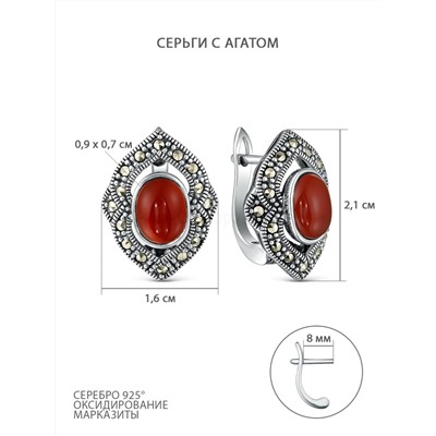 Серьги из чернёного серебра с агатом и марказитами HR0335-RD-LK