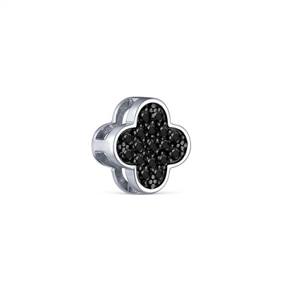 Кольцо из серебра с натуральной чёрной шпинелью родированное - Клевер, четырёхлистник