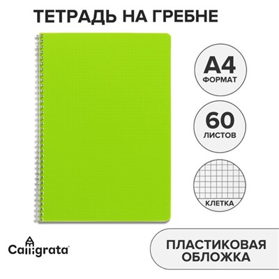 Тетрадь на гребне A4 60 листов в клетку Calligrata Зелёная, пластиковая обложка, блок офсет