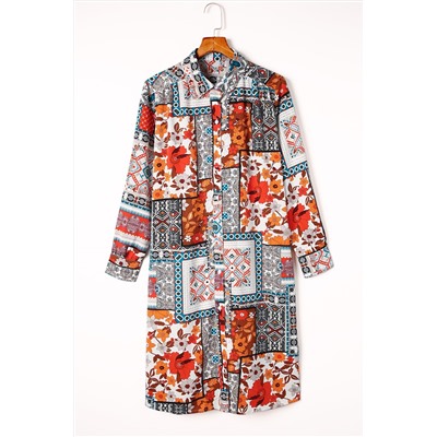 Multicolor Boho Patchwork Print Flowy Long Sleeve Kimono