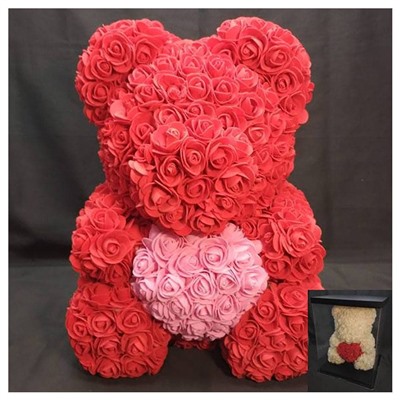 Мишка из роз с сердцем 40см с подарочной коробкой красный фоамиран SH 910007