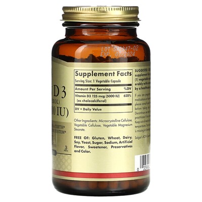Solgar Vitamin D3 (Cholecalciferol), 125 mcg (5,000 IU), 240 Vegetable Capsules
