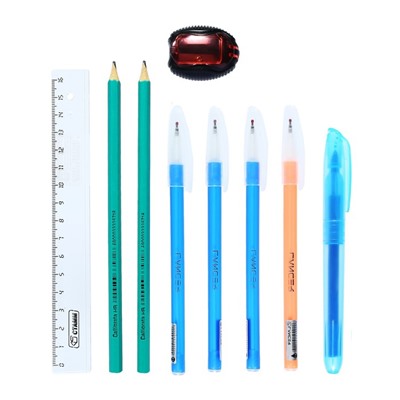 Набор канцелярский 10 предметов (Пенал-тубус 65 х 210 мм, ручки 4 штуки цвет синий , линейка 15 см, точилка, карандаш 2 штуки, текстовыделитель), синий