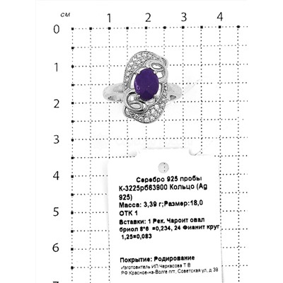 Кольцо из серебра с рек. и фианитами родированное