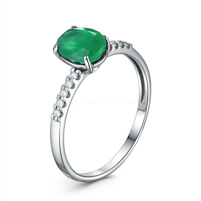 Кольцо из серебра с натуральным зелёным агатом и фианитами родированное