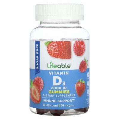 Lifeable Vitamin D3 Gummies, Sugar Free, Natural Berry, 25 mcg (1,000 IU), 60 Gummies