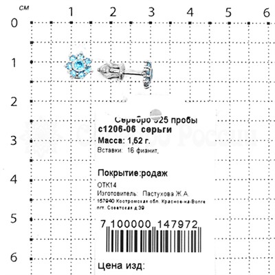 Серьги-пусеты из серебра с фианитами родированные