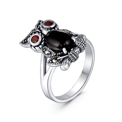 Кольцо из чернёного серебра с натуральным ониксом, натуральным гранатом и марказитами - Сова